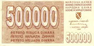 Bosnia and Herzegovina 500,000 Dinara, 1994 P-32 obverse